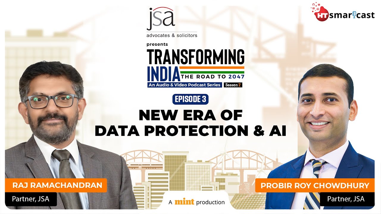 New Era of Data Protection & AI – Podcast Episode Banner Promotional podcast banner featuring two professionally dressed individuals with the title “New Era of Data Protection & AI” and branding from JSA and HT Smartcast.
