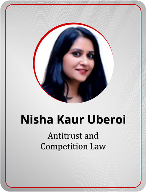 Professional profile card for Nisha Kaur Uberoi, specializing in Antitrust and Competition Law at JSA.